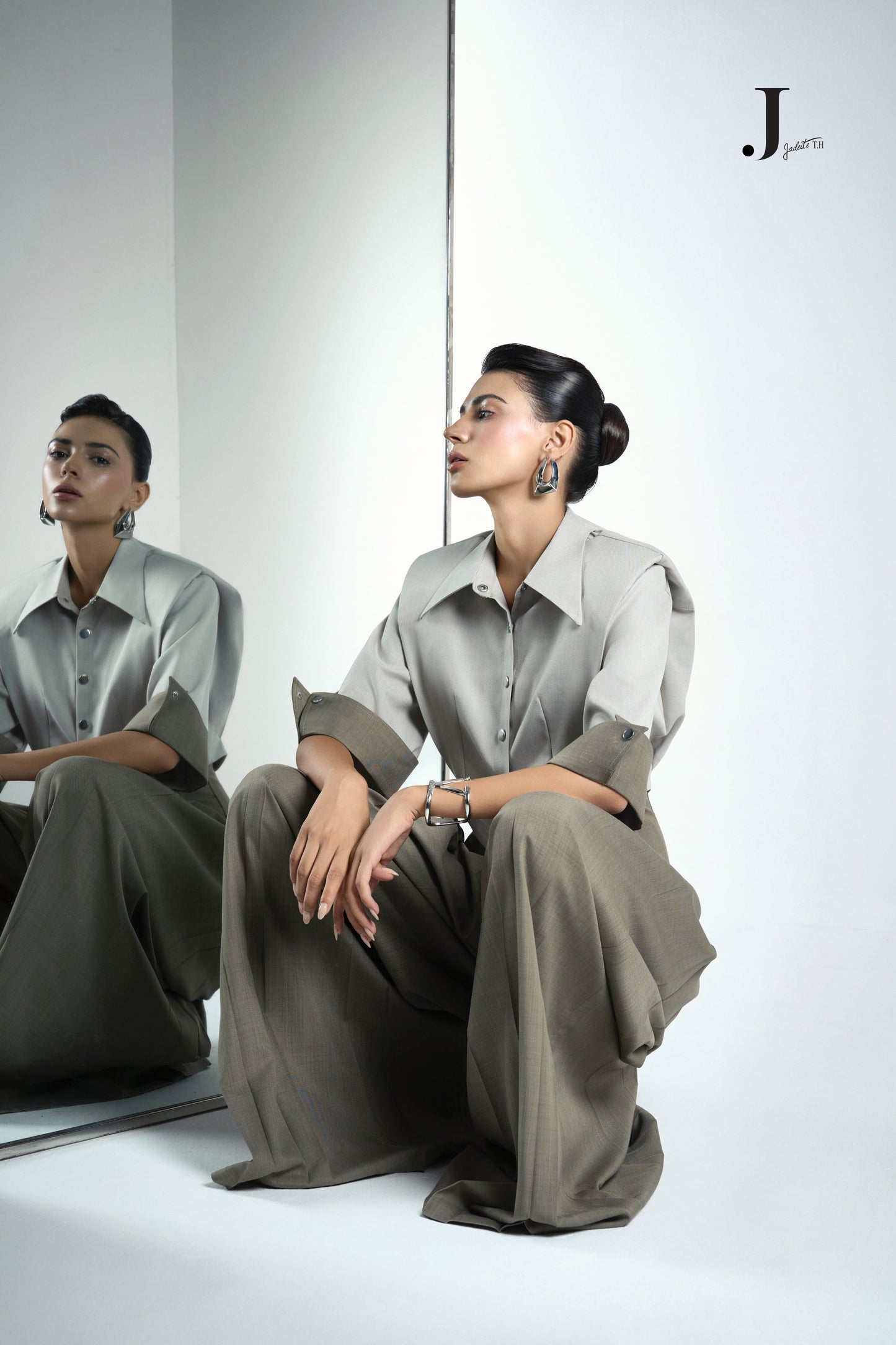 Front & Back Ivory Crop-Shirt & Van Ash Grey Pants